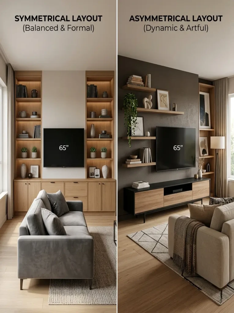 Comparison of symmetrical and asymmetrical media wall layouts in a modern living room setting