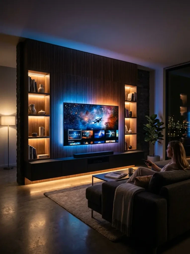 Media wall with LED backlighting behind the TV creating a warm and cinematic atmosphere