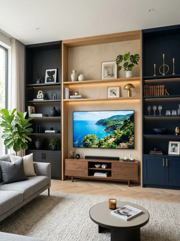 Media wall designs showcasing neutral, dark, and bold color schemes in modern interiors