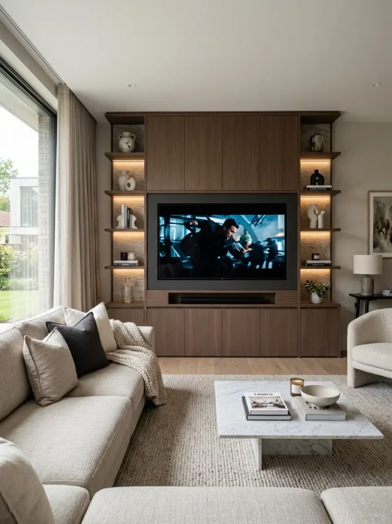 Elegant built-in media wall with recessed TV and LED-lit shelves in a modern home