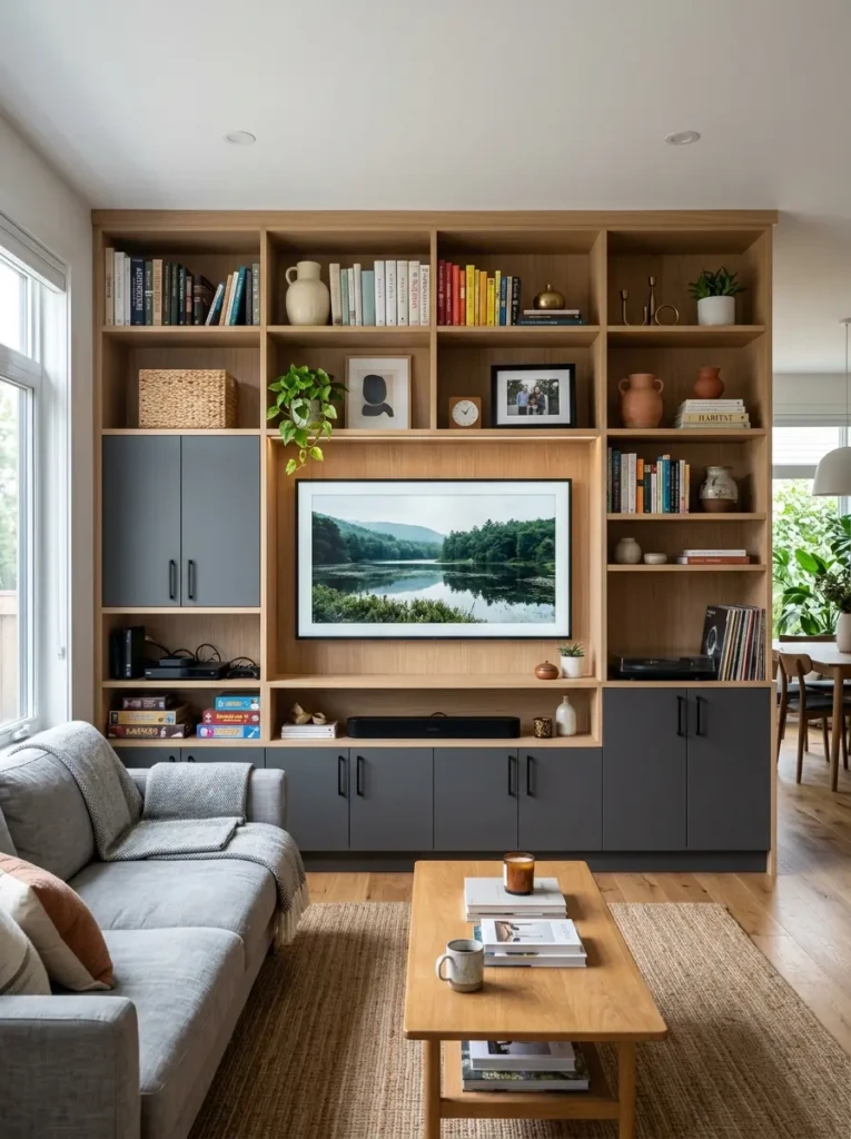 Media wall with a mix of open shelving and closed cabinets for organized storage and display