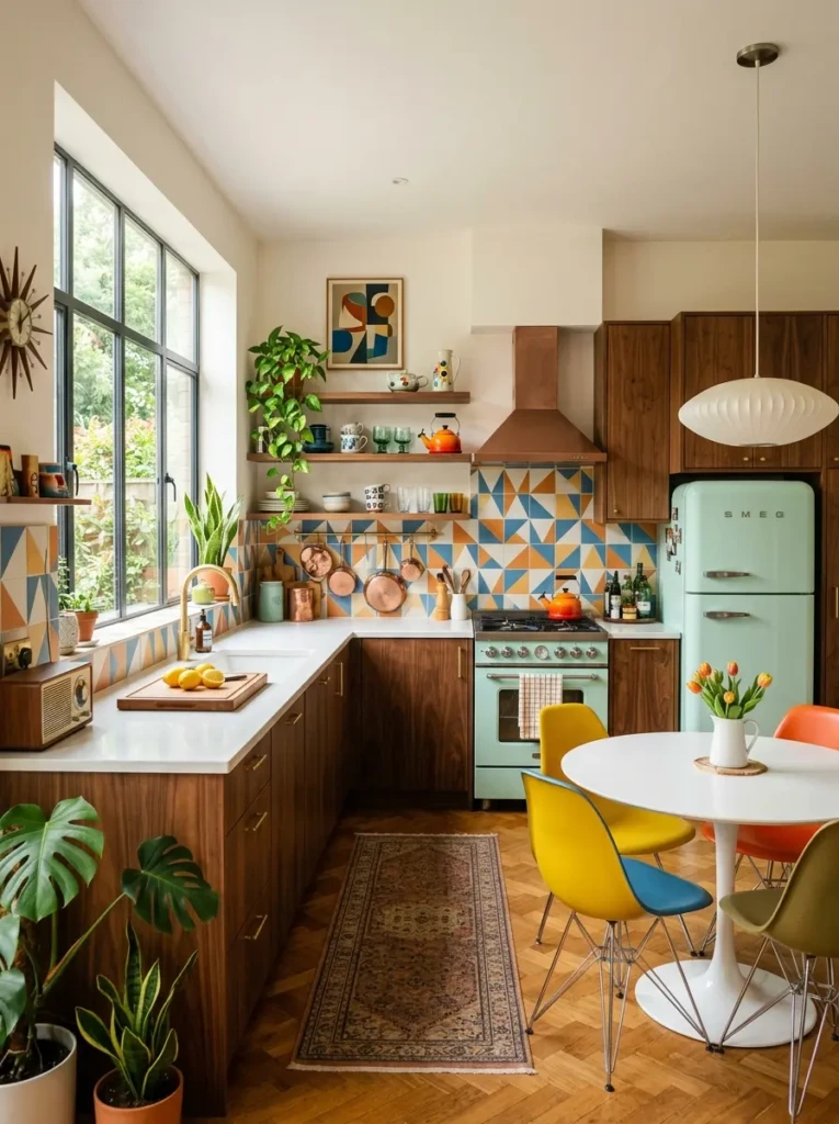 A kitchen blending mid century modern kitchen design with vintage elements and wooden finishes.