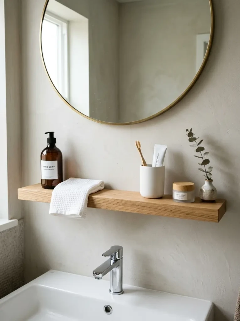 Clean bathroom shelf with minimal decor items and open space for a clutter-free appearance