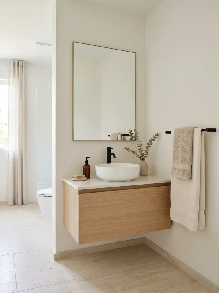neutral colored towels arranged in a clean and minimalist bathroom