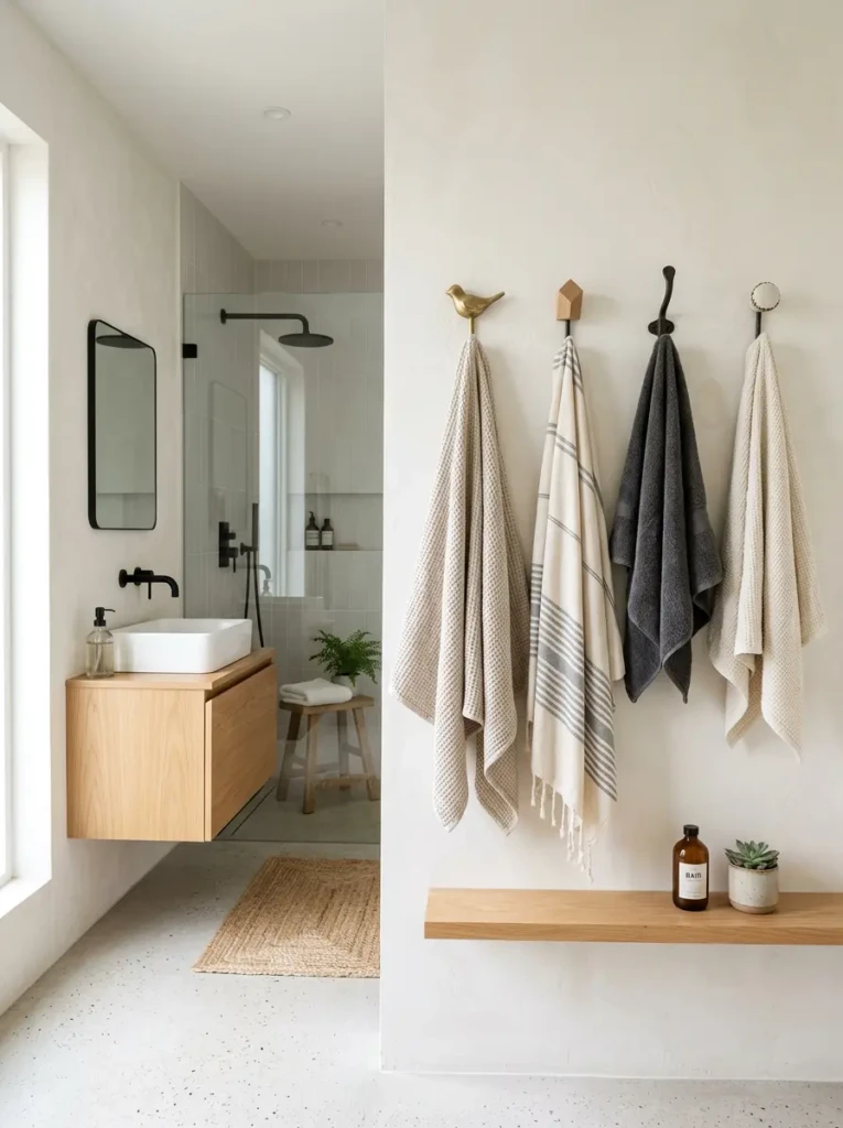 towels hanging on wall hooks in a minimalist and quirky bathroom design