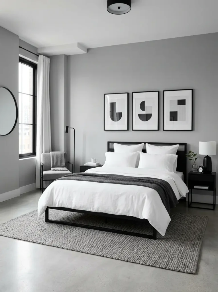 A minimalist bedroom with black white and grey tones creating a clean and balanced look