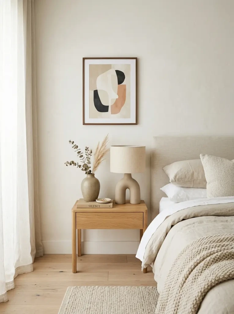minimalist bedroom decor with abstract wall art, ceramic vase, sculptural lamp, and clean modern styling