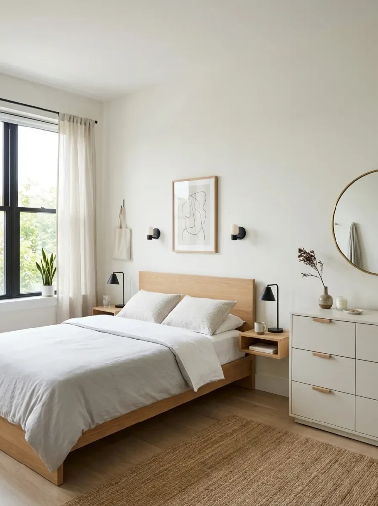 modern minimalist bedroom with simple furniture layout, clean lines, side tables, and clutter-free minimalist bedroom decor