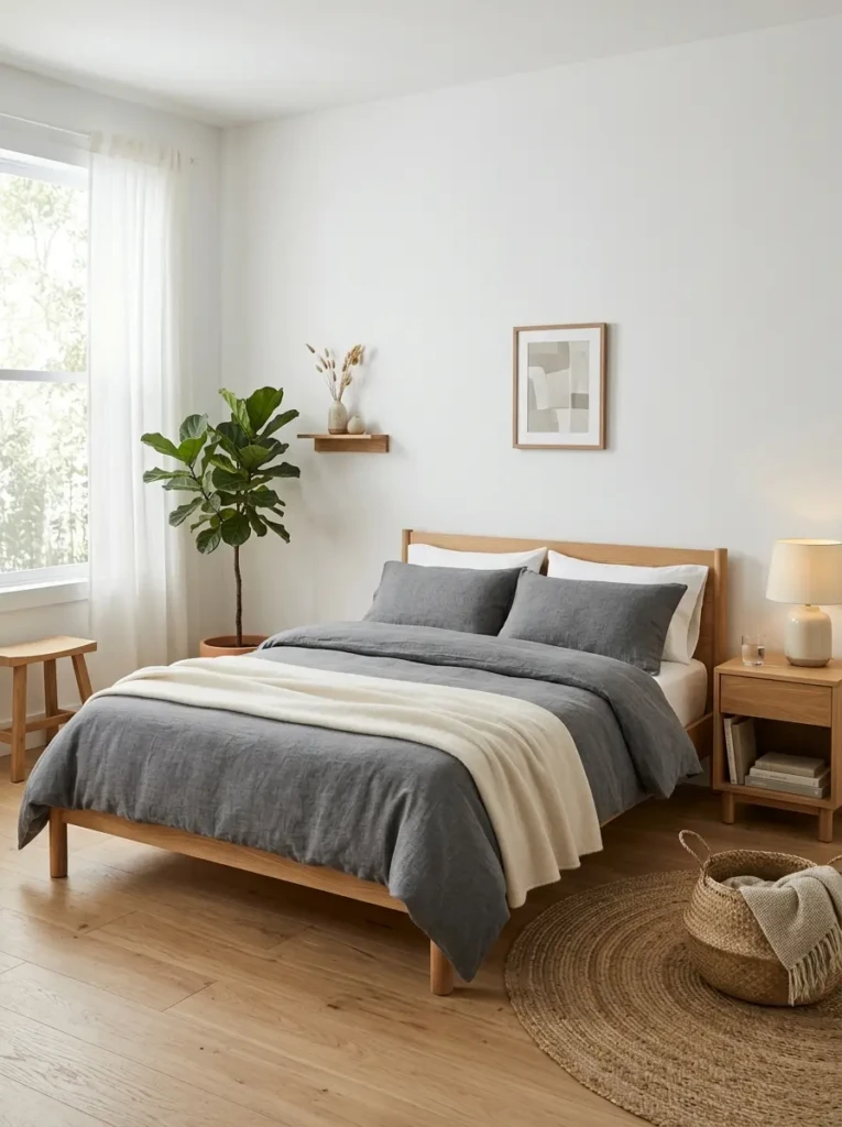 minimalist bedroom design with white walls, gray bedding, light oak furniture, and cohesive modern decor