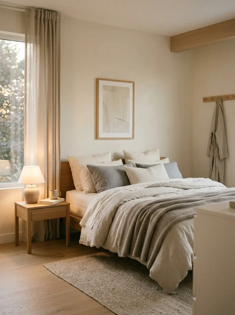 cozy minimalist bedroom retreat with soft bedding, neutral tones, warm lighting, and clutter-free relaxing atmosphere