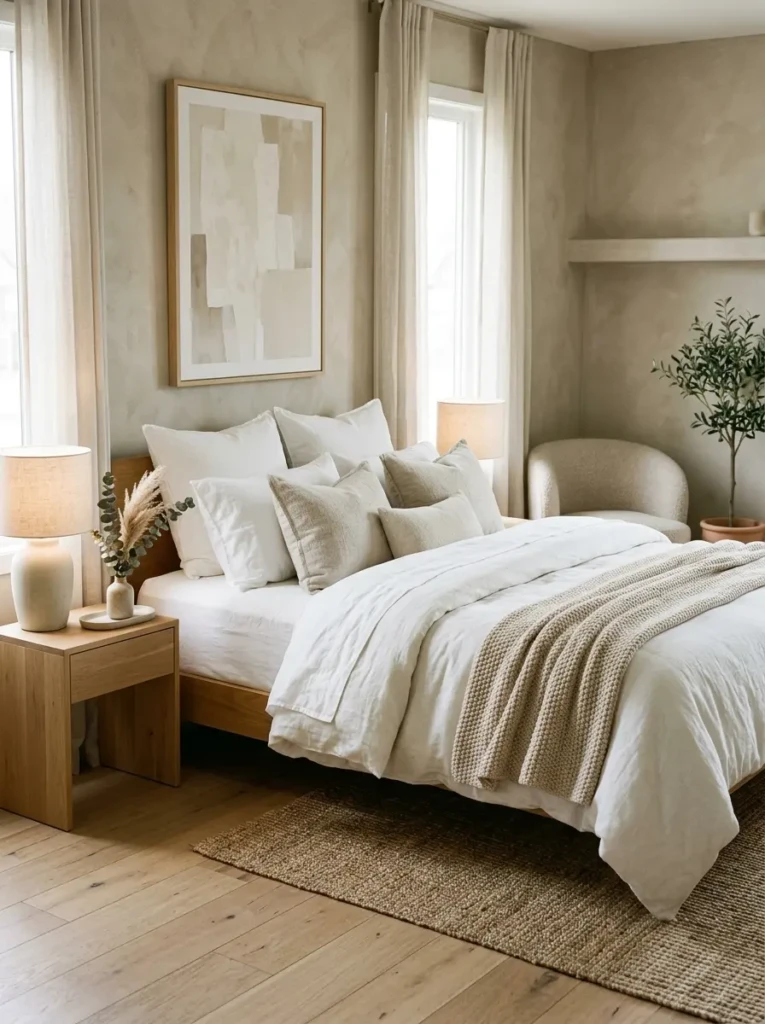minimalist bedroom with crisp white bedding, layered linen duvet, plush pillows, and cozy elegant bedroom styling