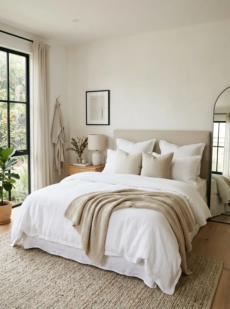 minimalist bedroom with crisp white bedding, layered linen duvet, plush pillows, and cozy elegant bedroom styling