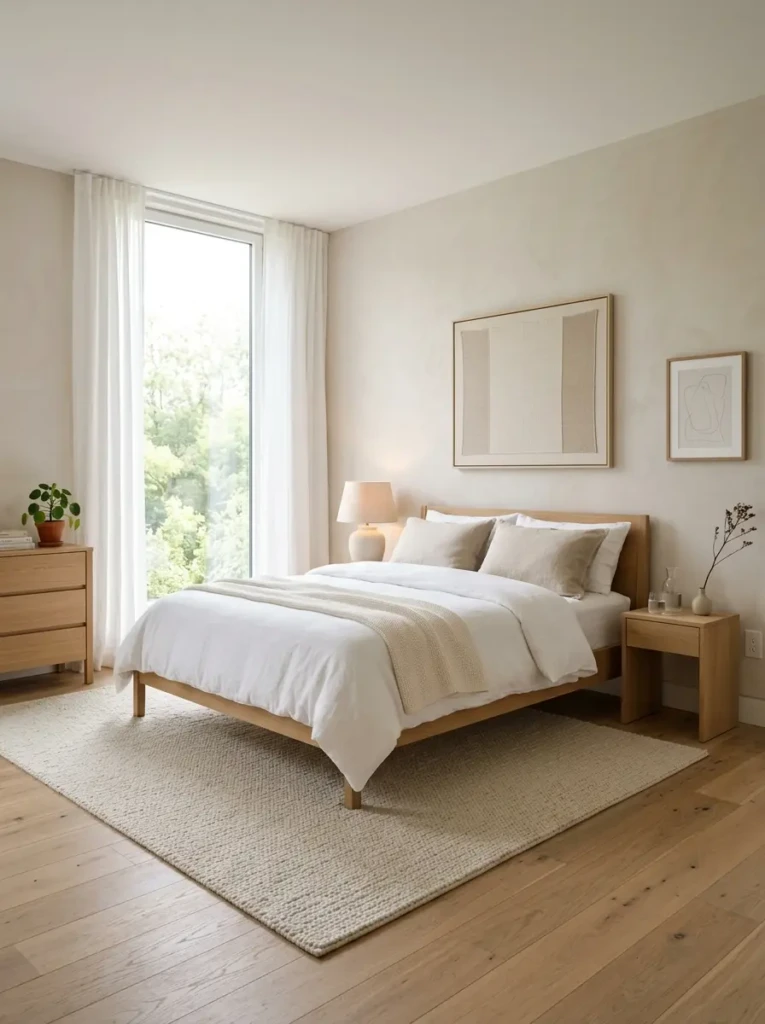 modern minimalist bedroom with beige walls, white bedding, light wood flooring, and a calm neutral minimalist bedroom design