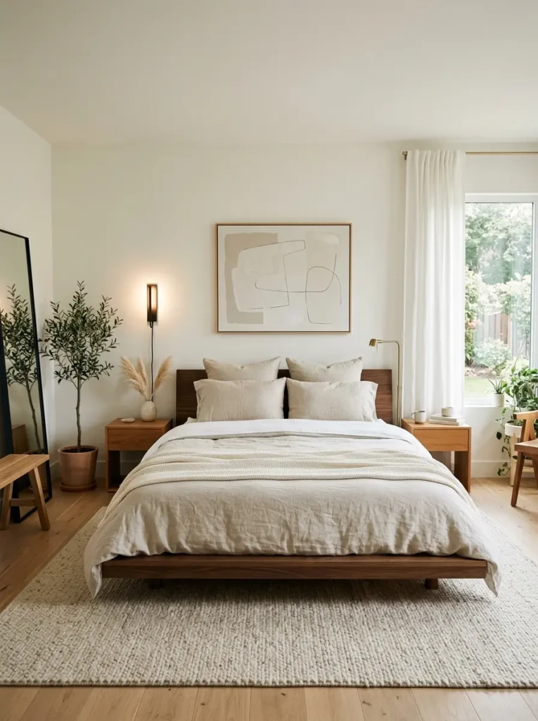 minimalist bedroom design featuring a sleek low-profile platform bed with neutral bedding and modern furniture