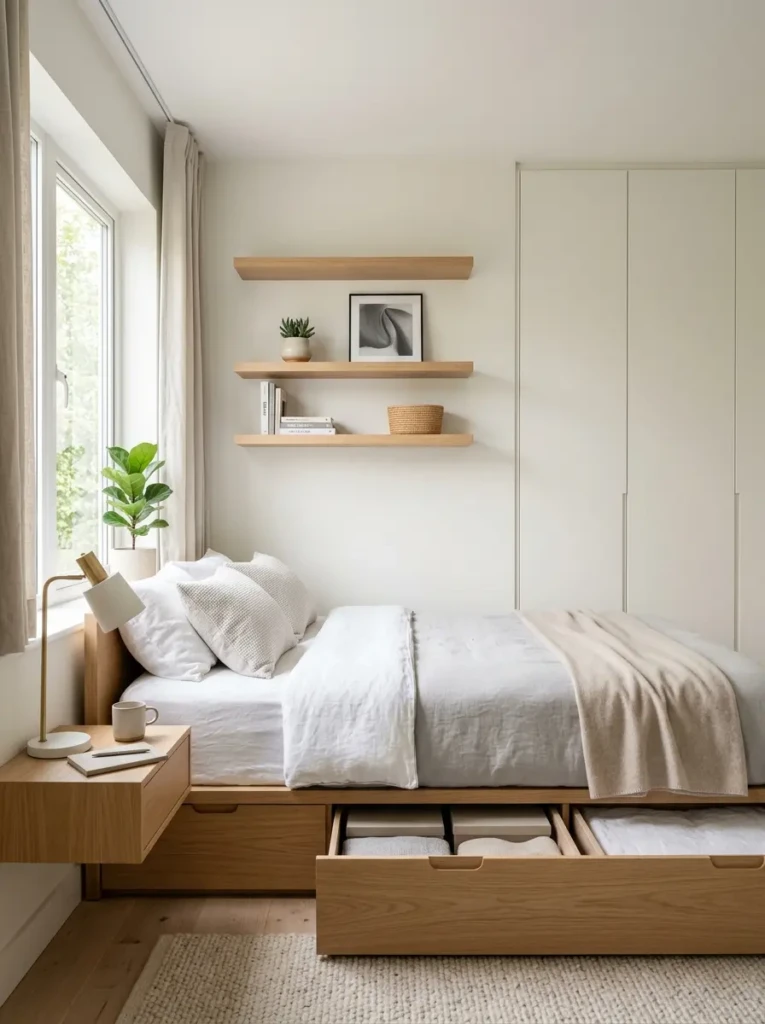 minimalist bedroom with under-bed storage, built-in wardrobe, floating shelves, and organized clutter-free design