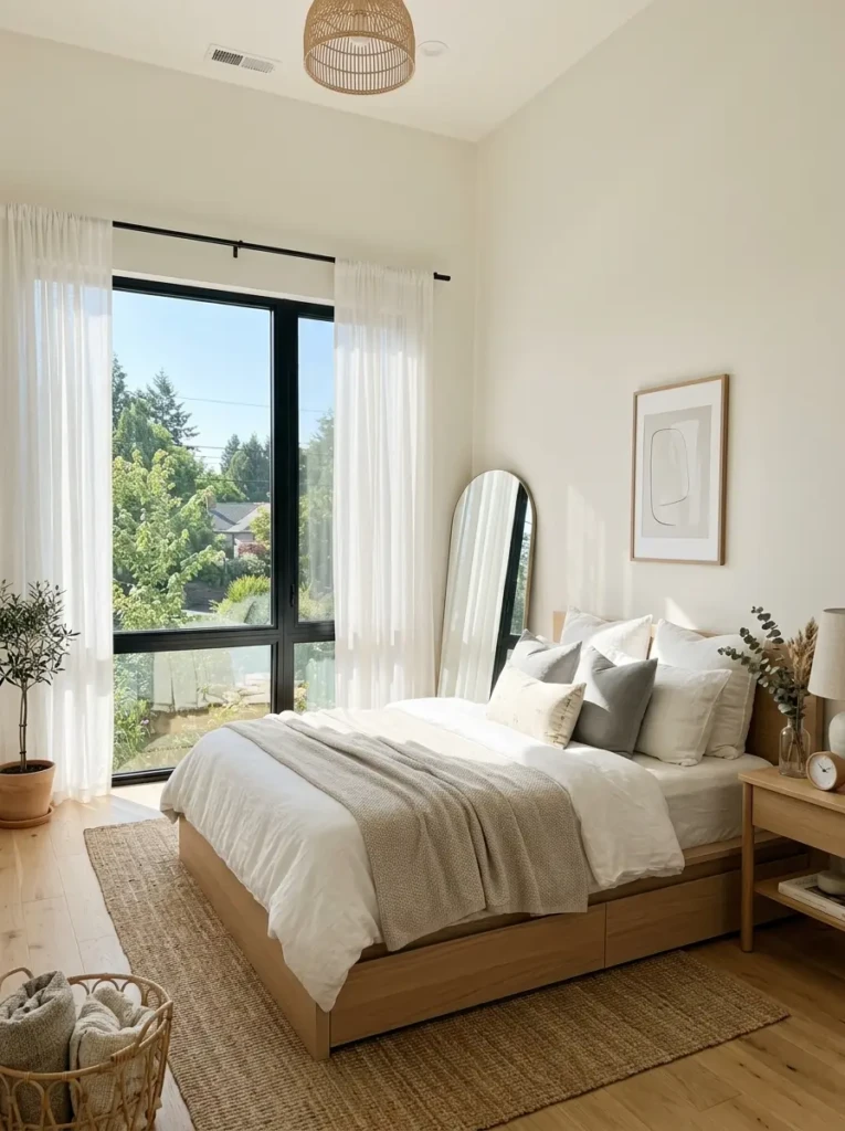 modern minimalist bedroom with large windows, sheer curtains, soft sunlight, and airy neutral bedroom styling
