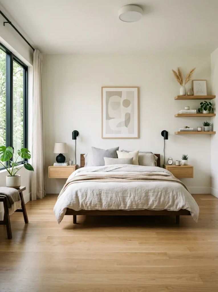 modern minimalist bedroom featuring floating nightstands, wall shelves, sleek bed, and open uncluttered floor space