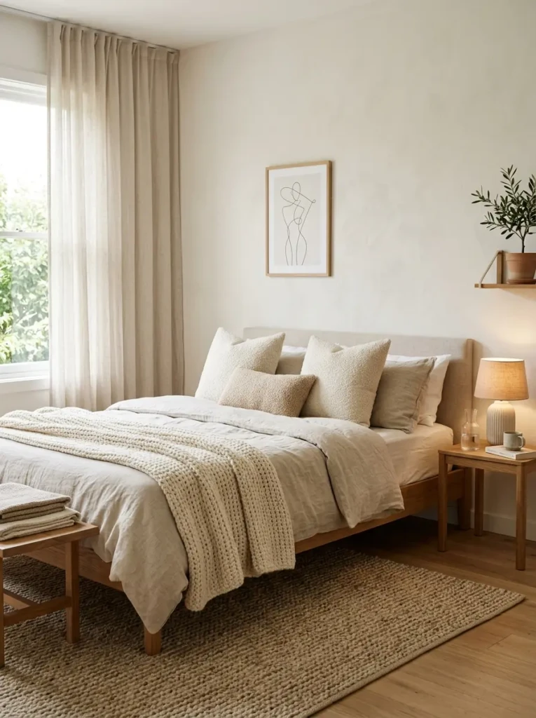 cozy minimalist bedroom with woven rug, boucle cushions, linen curtains, and textured minimalist bedroom decor