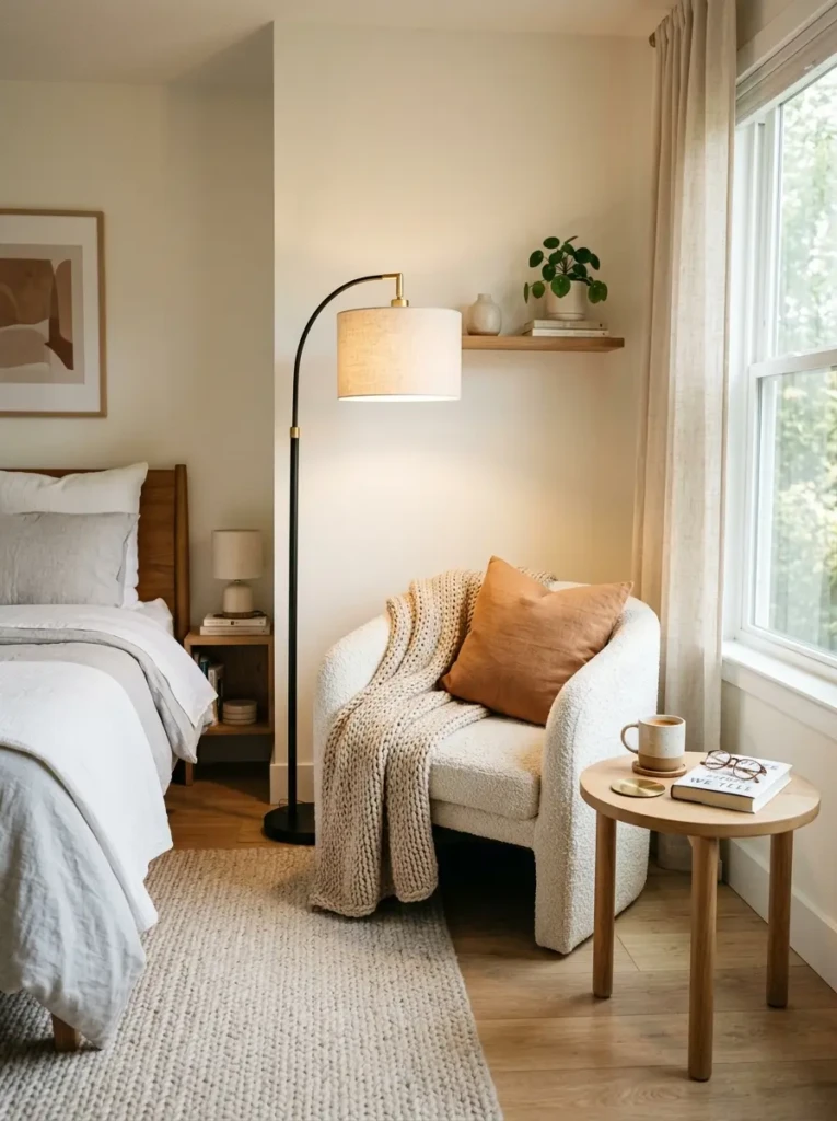 cozy minimalist bedroom with accent chair, floor lamp, small table, and warm reading nook design