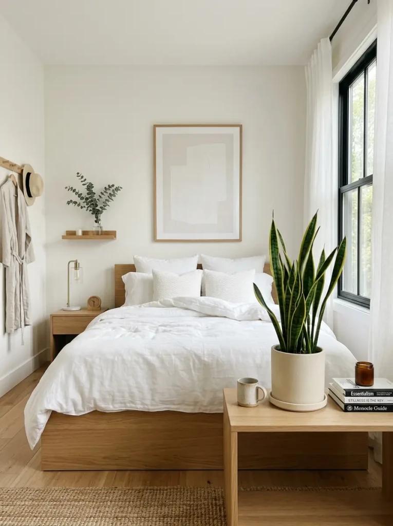 modern minimalist bedroom with snake plant, ceramic planter, white bedding, wood furniture, and calming natural accents