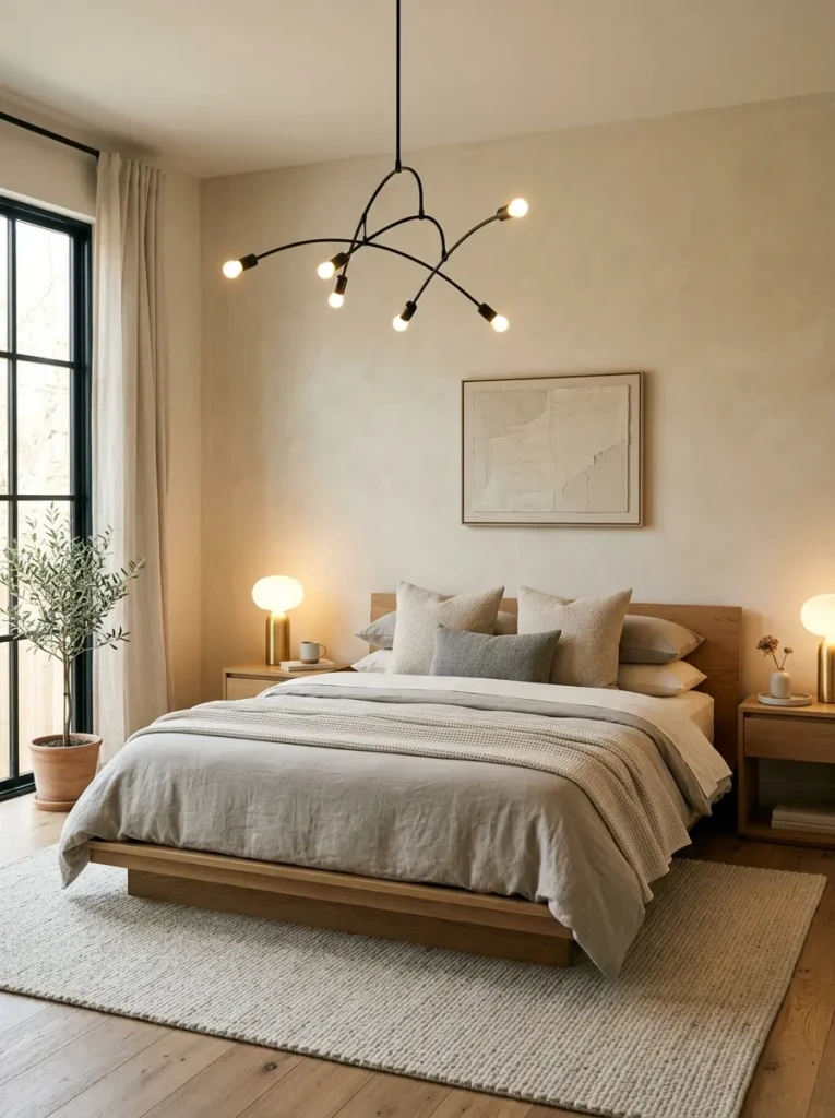 modern minimalist bedroom with sculptural pendant light, bedside lamps, neutral bedding, and elegant lighting decor