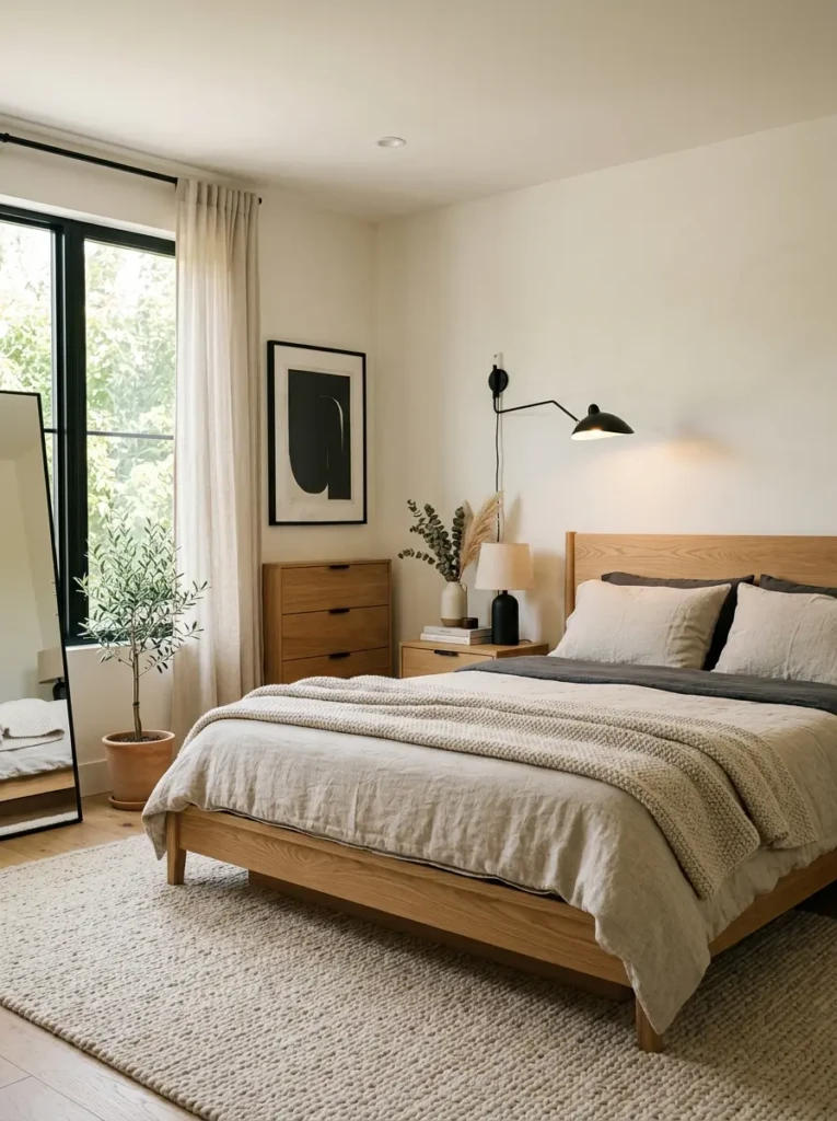 modern minimalist bedroom with oak furniture, matte black lighting, linen bedding, and warm natural textures