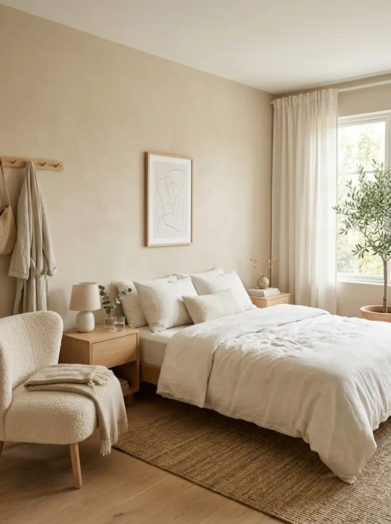 Minimalist modern bedroom with sand walls, off-white bedding, boucle chair, wood furniture, and soft curtains.