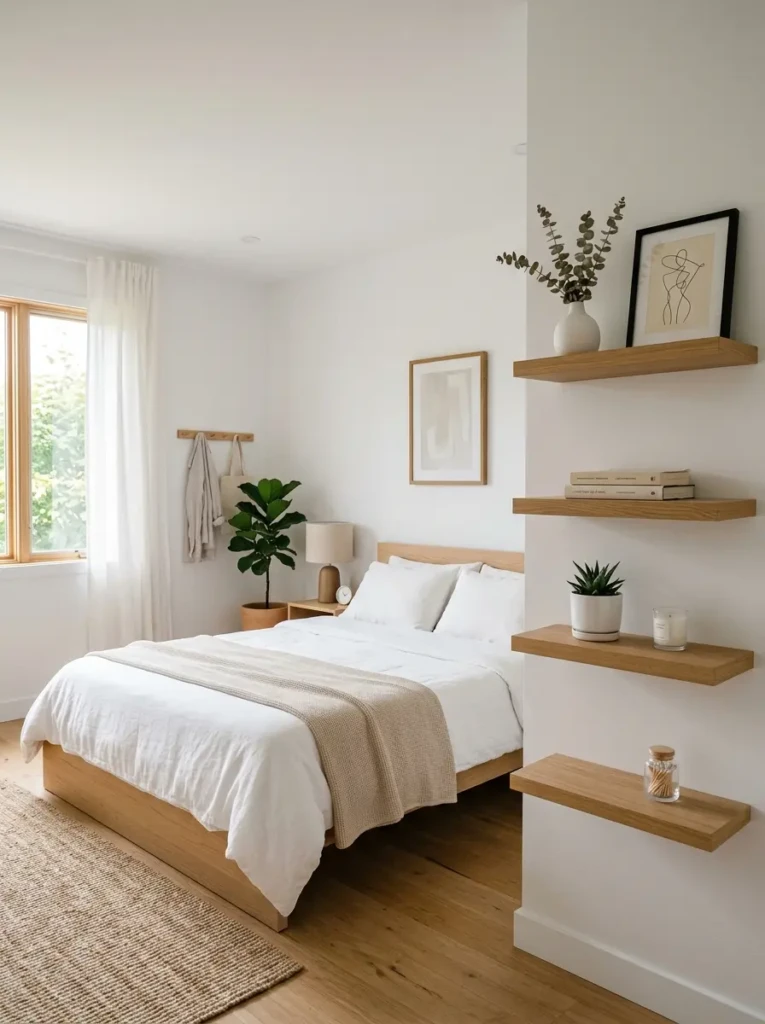 floating shelves in bedroom with minimalist decor and clean aesthetic