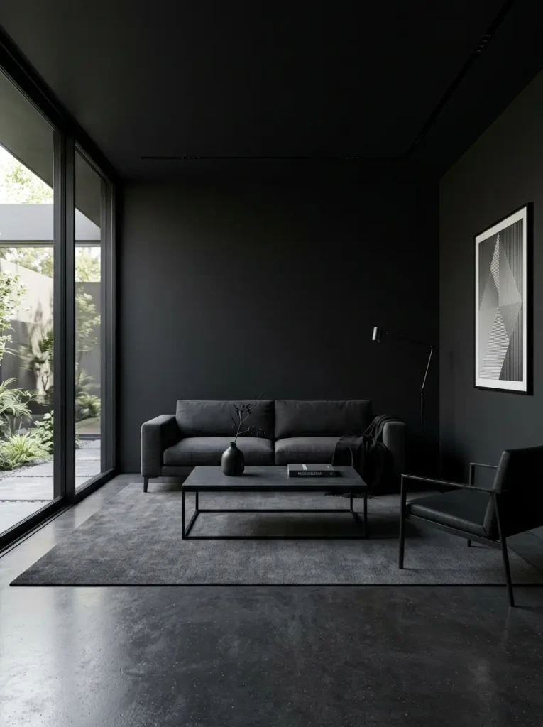 minimalist black living room with clean lines, simple furniture, and uncluttered decor