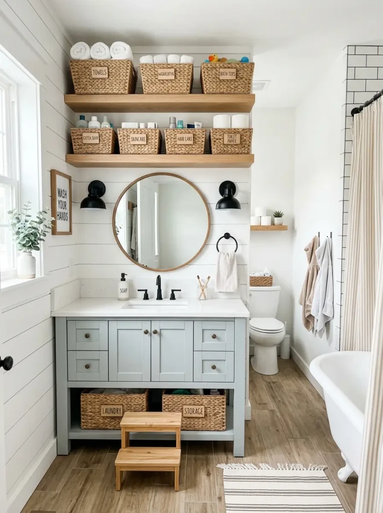 clean and clutter free farmhouse kids bathroom with organized shelves and baskets