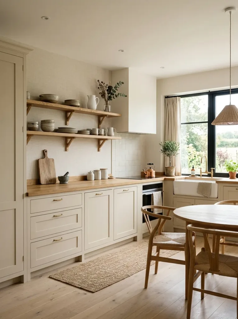 Minimal farmhouse kitchen with neutral textured wallpaper, wooden shelves, and soft natural lighting