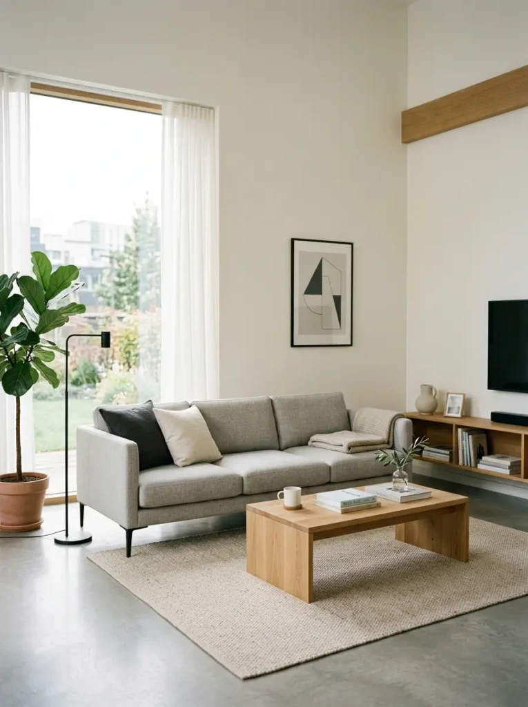 Minimalist living room with sleek functional furniture, clean lines, and high-quality materials