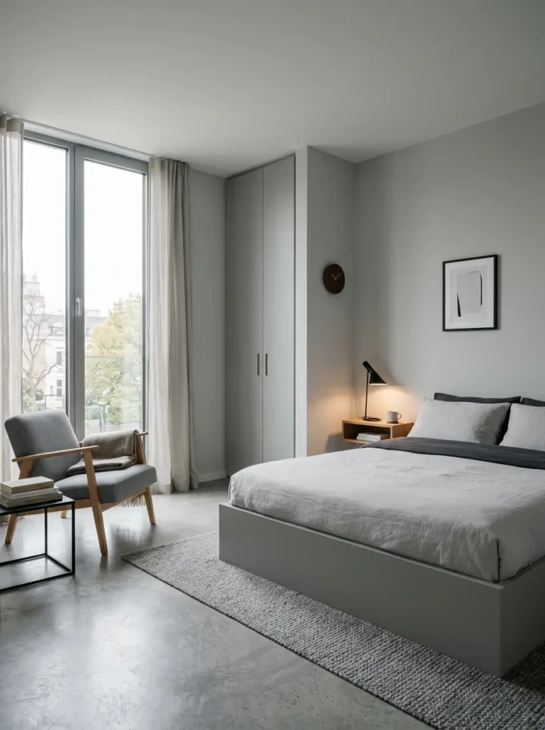 A clean and simple grey bedroom with minimal decor and a clutter-free modern design