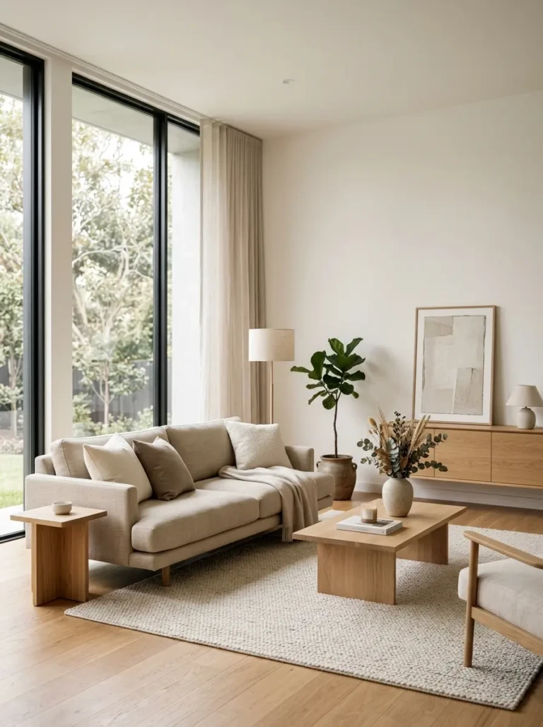 Elegant minimalist living room decor with neutral colors, clean lines, and soft natural lighting creating a calm atmosphere