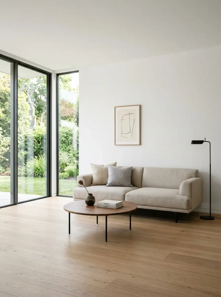 Minimalist living room with uncluttered space, simple furniture, and open layout reflecting core minimalist principles