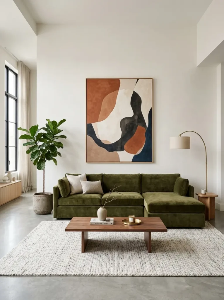 Elegant living room design featuring a statement sofa or artwork as the focal point