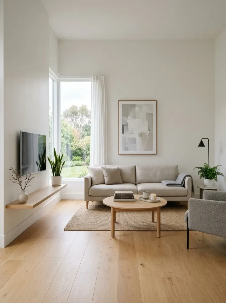 Minimalist living room with organized space, clean surfaces, and no clutter for a peaceful environment