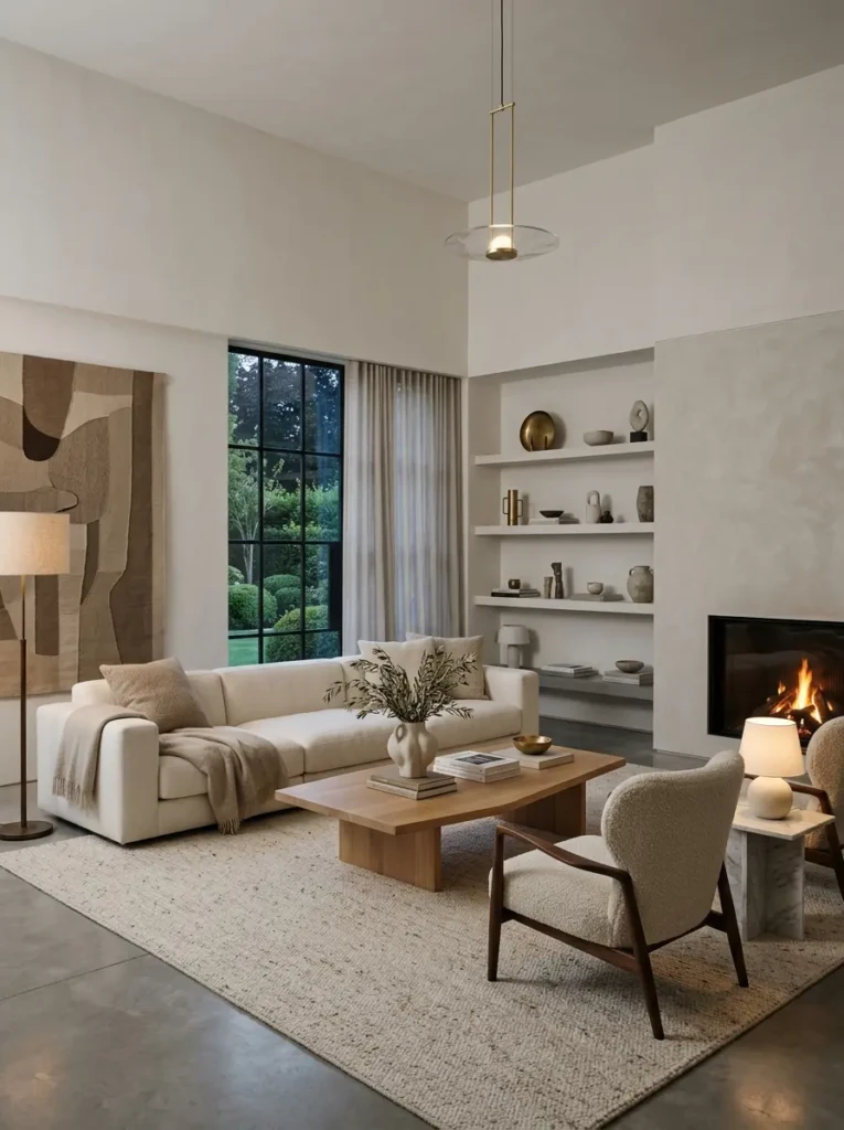Elegant minimalist living room with neutral tones, soft lighting, and refined modern design