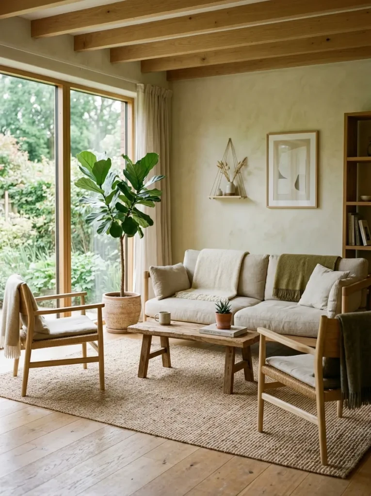 Eco-friendly minimalist living room with natural materials and timeless furniture choices