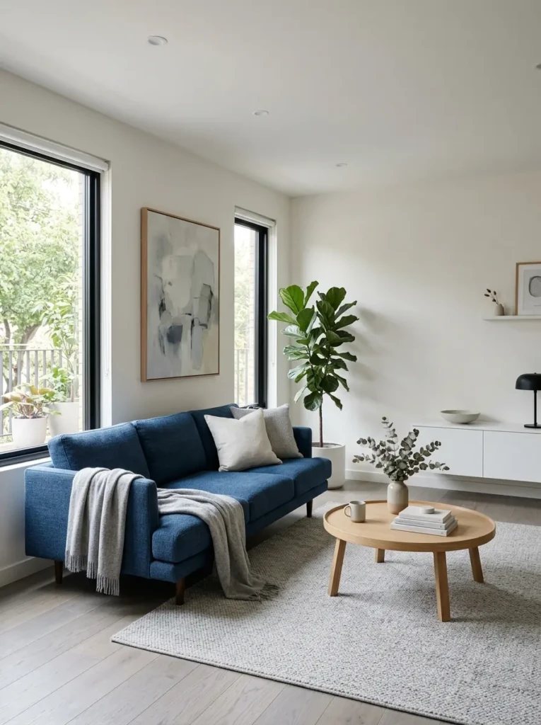 Minimalist living room with a blue sofa paired with white and gray tones