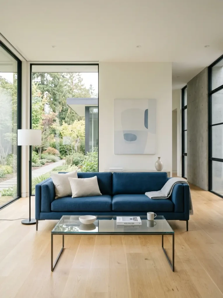 Clean and modern living room with a sleek blue sofa and minimal décor
