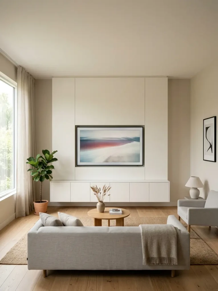 Clean and simple media wall with neutral colors and hidden storage in a modern interior
