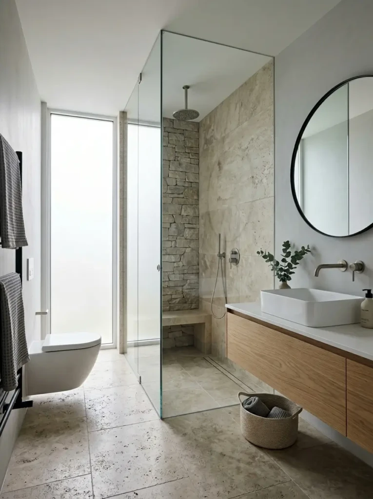 Minimalist bathroom design with glass shower, stone textures, and uncluttered layout for a modern aesthetic