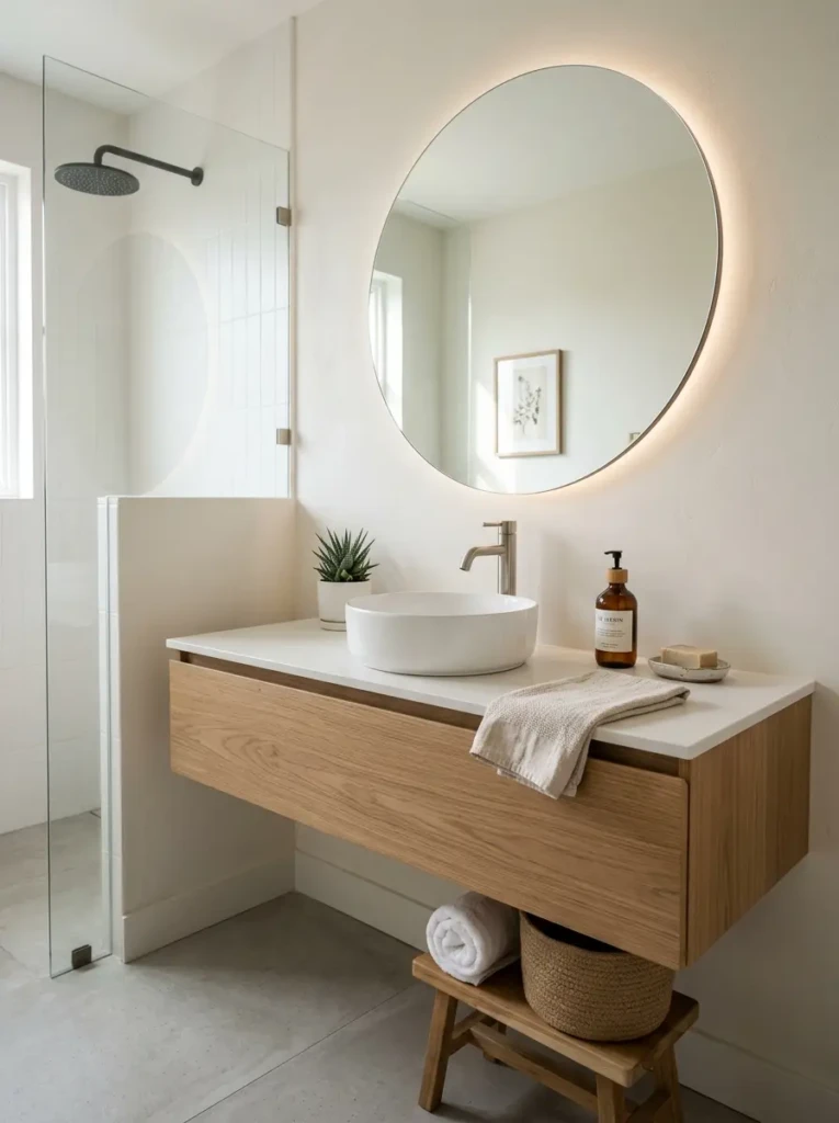 Clean and simple bathroom with minimal decor, neutral tones, and uncluttered vanity