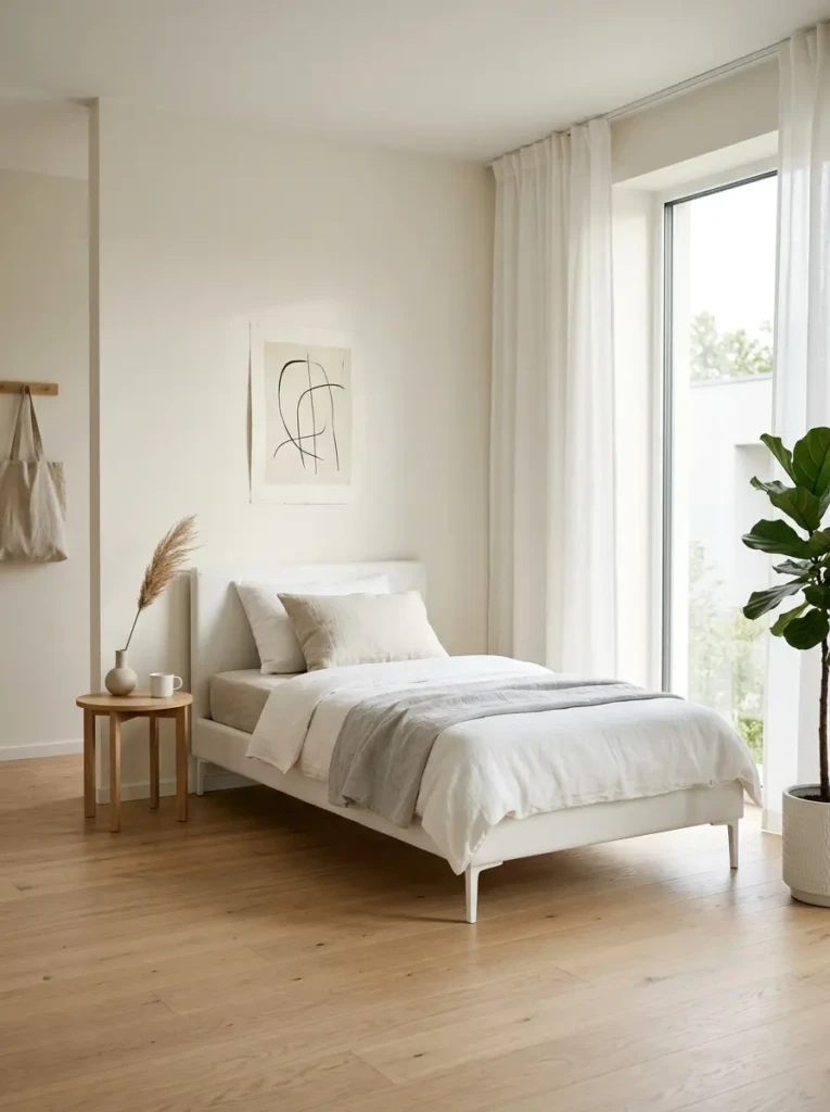 Simple minimalist room with a sleek white daybed, neutral tones and clean design for a calm atmosphere