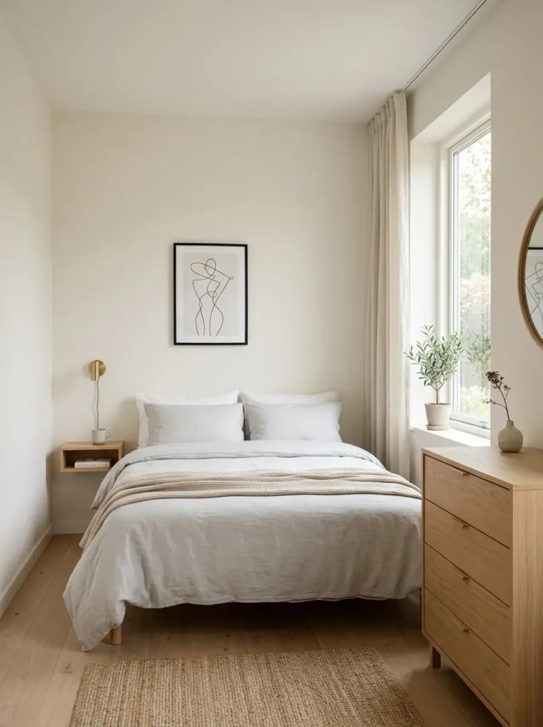 Clean and clutter-free small bedroom with simple furniture and neutral tones