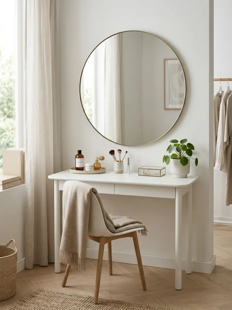 Clean and simple vanity table with neutral tones and minimal decor in a modern bedroom