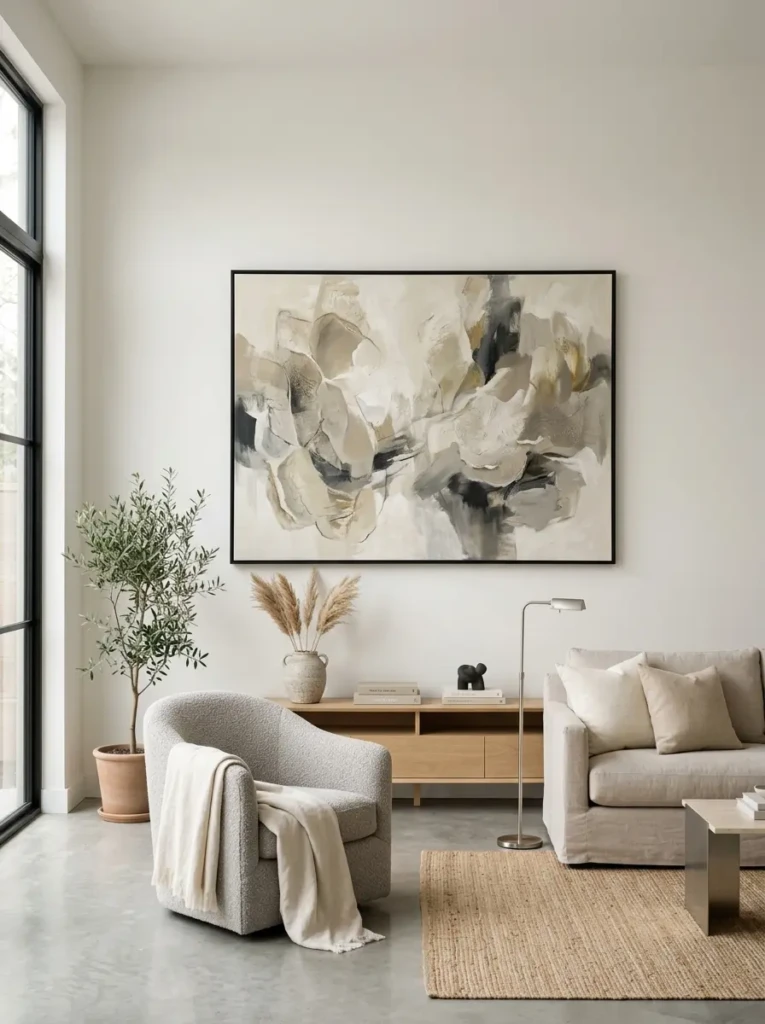 Minimalist living room with large abstract artwork and simple frames enhancing wall decor