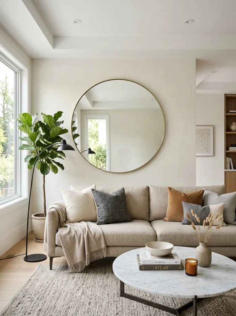 Large round statement mirror above sofa acting as focal point in modern living room