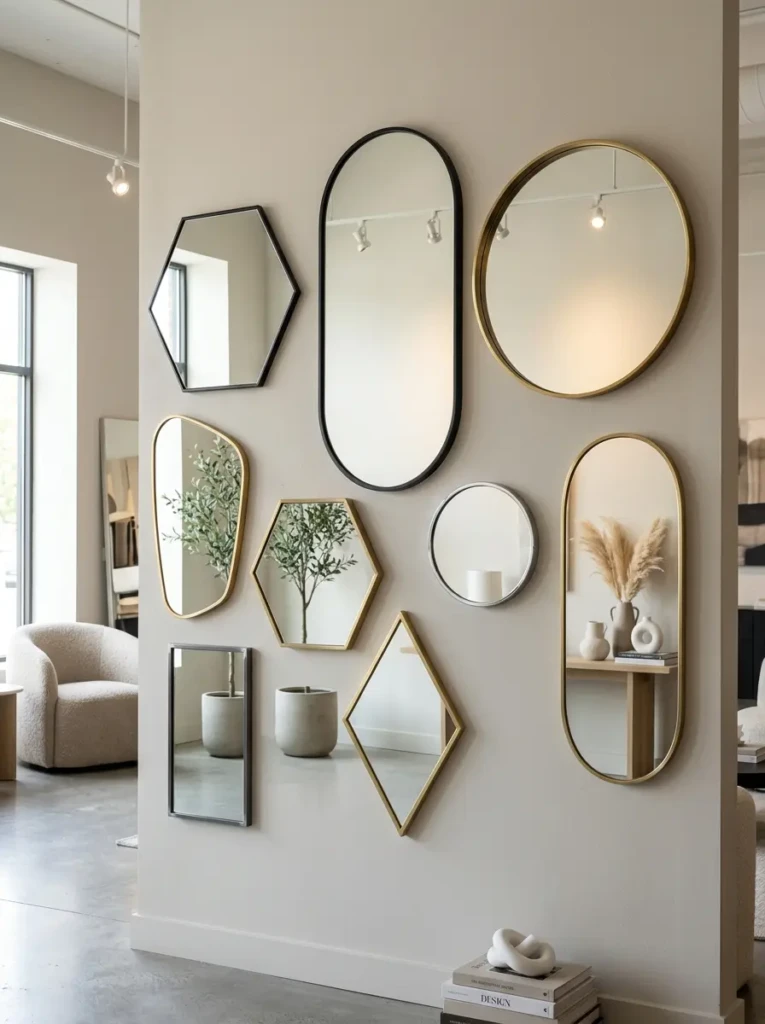 Collection of modern geometric mirrors with sleek frames in a contemporary living room setting
